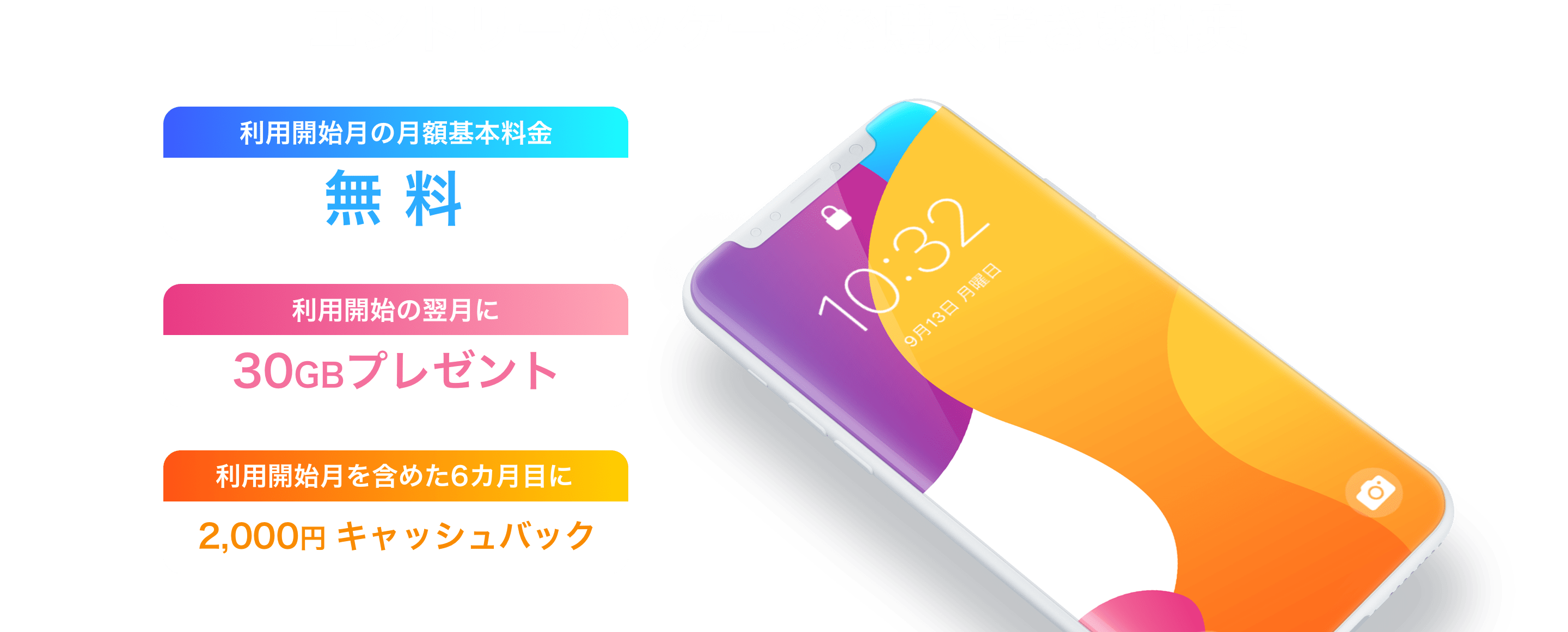 エントリーパッケージご購入者さま特典。利用開始月の月額基本料金（プラン基本料金+SIM基本料金）が無料。